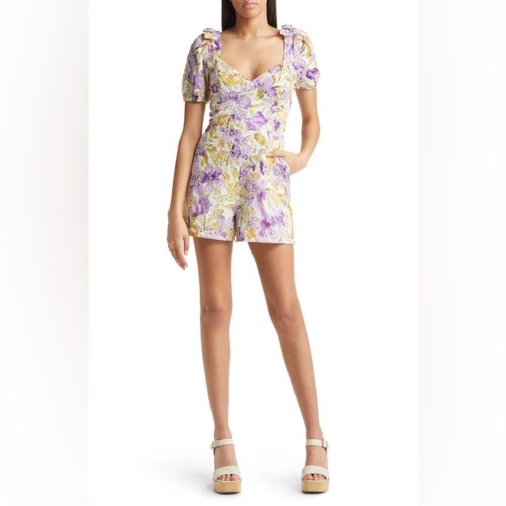 Adelyn Rae Anthropologie Gina Floral Print Embroidered Eyelet Romper Size S